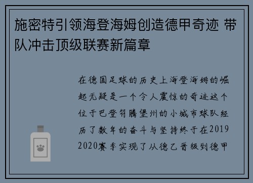 施密特引领海登海姆创造德甲奇迹 带队冲击顶级联赛新篇章